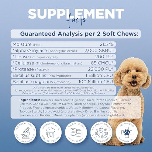 PetJoy Dog Probiotic Chews for Digestive Health - Puppy Diarrhea Probiotics for Dog Gas Relief and Gut Health - Digestive Enzymes for Dogs Diarrhea (60 Probiotics for Dogs Fiber Supplements)