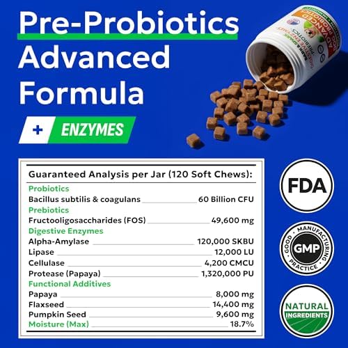Bark&Spark Vet Strength Dog Probiotics Chews - 60 Billion CFU per jar - Digestive Enzymes for Dogs Gut Health - Chewable Supplement for Diarrhea, Gas, Constipation, Upset Stomach Relief (120 Ct)