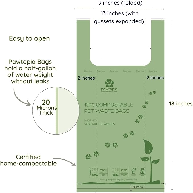 Pawtria Certified Home Compostable Pet Waste Bags (Extra Large, 100 Bags, Handles, Single Roll) Cat Litter Bags, Vegetable Starches, Leak proof Dog Waste Bags, Cat Litter Fit Any Scoop