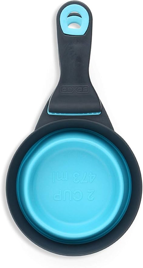 Dexas Popware for Pets Collapsible Klip Scoop, 3 in 1 Design Convenient Measuring Cup, Food Scooper and Bag Clip, 2Cup Capacity Pet Food Scoop, Versatile Food Measuring Cups Portion Control Gray/Blue