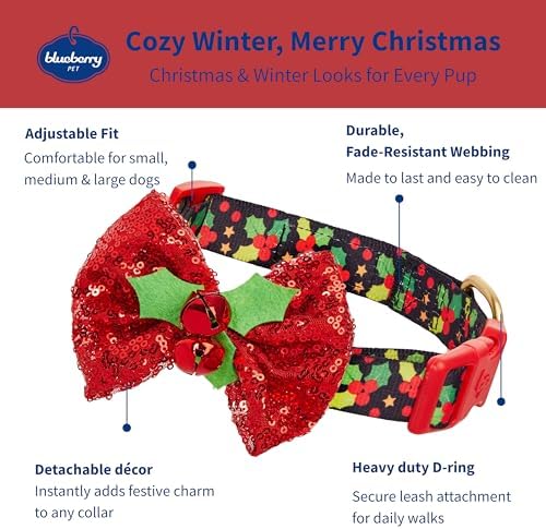 Blueberry Pet Christmas Holly Dog Collar with Bowtie, Small Adjustable 12"-16" Neck, Holiday Collar for Small Dogs