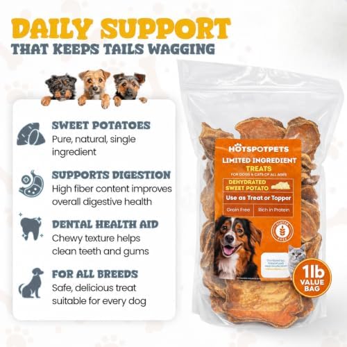 hotspot pets Sweet Potato Dog Treats 1lb Bag - All Natural, Single-Ingredient, Hypoallergenic Grain-Free Dog Chew for Sensitive Stomach, Rawhide Alternative