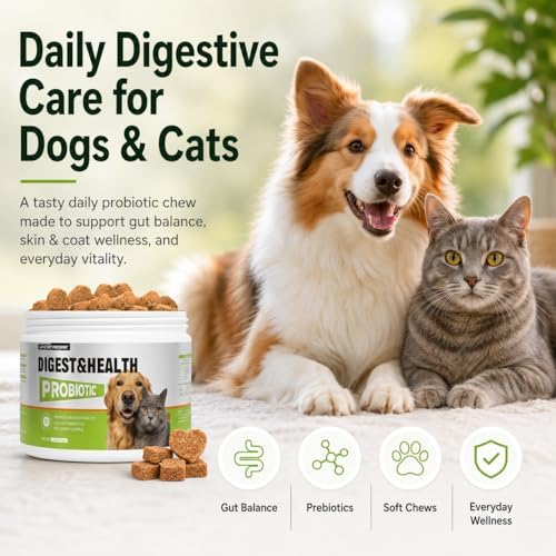 Pets Probiotic Chews for Digestive Health & Gut Health Support, 5-Strain Blend, Prebiotics & Enzymes, Pumpkin, Papaya, Skin & Coat, Immune Support, Chicken Flavor, 100 Count