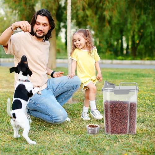 5-7Lbs Portable Cat Dog Food Storage Container with Upgraded Large Spout and Cup Dispenser, 3-Pack, 7Lbs, Brown