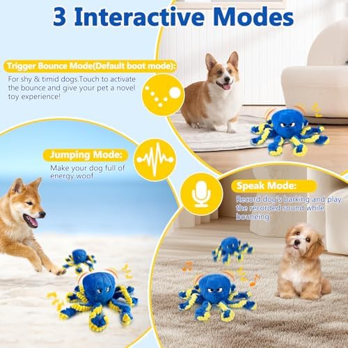 ETACCU Interactive Dog Toys Octopus, Moving Dog Toy to Keep Them Busy | Durable Automatic Jumping Dog Toy Bouncing Dogs Toy Squeaky Moving Tug of War Doggie Toy for Small Medium Large Dogs (Blue)