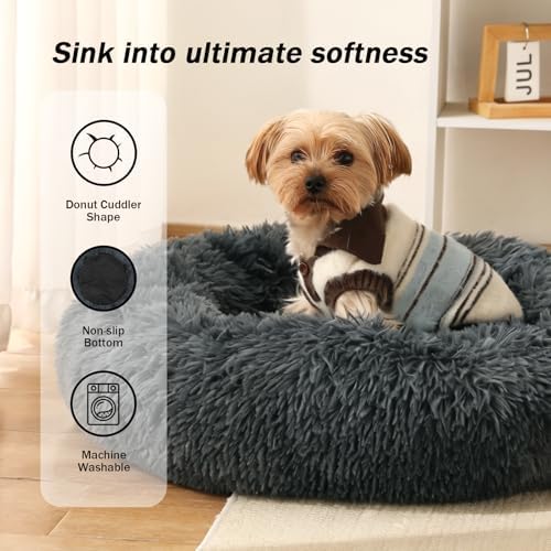NOYAL Calming Donut Dog Bed for Small to Medium Dogs & Cats - Plush Faux Fur Anti-Anxiety Pet Bed with Machine Washable Cover & Non-Slip Base