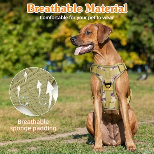 VavoPaw Heavy Duty Tactical Dog Harness for Large Dogs, No Pull Adjustable Pet Harness Reflective Service Training Easy Control Pet Vest Military K9 Working Dog Harnesses, Desert Camouflage, L