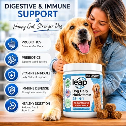 Multivitamins &Supplements for Dogs - Krill Oil, Omega 3,6,9, pre&probiotics, Essential Vitamins, for Hip & Joints, Skin &Coat,Digestive, Immunity Support (90 Chews)