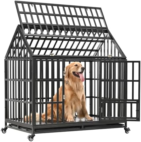 48 Inch Heavy Duty Dog Crate, ACIDBOLT Indestructible Escape Proof XL Dog Kennel Cage for Large Medium Small Dogs, High Anxiety Pet Crate with 2 Door, Lockable Wheels and Removable Tray