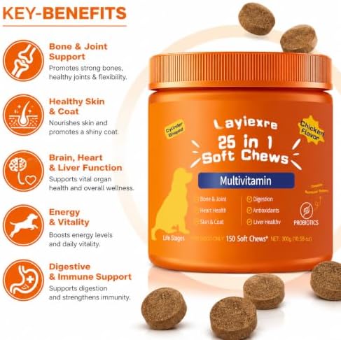 Dog Multivitamin Chewable, 150 Chews, 25-in-1 with Glucosamine, Probiotics, Omega 3, Hip and Joint, Skin and Coat, Immune Support, for Senior and Puppy