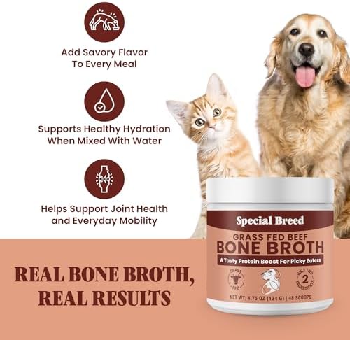 Bone Broth Powder for Dogs and Cats - Dog & Cat Food Topper for Picky Eaters - Grass Fed Beef Bone Broth Supplement - Supports Hydration, Joint, Immunity & Heart Health - Serve Dry or Wet - 4.75oz