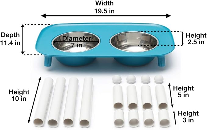 Messy Mutts Elevated Double Dog Feeder, Adjustable Height, Blue | Adjustable-Height Elevated Double Dog Feeder With Two 5 Cup Stainless Bowls, Legs Set To 3, 5, Or 10 Inches