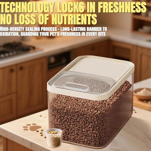 High-Capacity Pet Food Container Airtight with Cup, 15 pounds, Beige