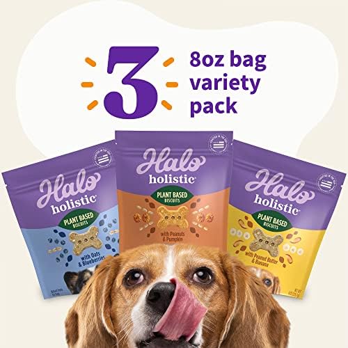 Halo Holistic Plant-Based Dog Treats, Variety Pack, 8 oz Bag, 3-Pack