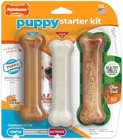 Nylabone Puppy Chew Puppy Starter Kit Dog Chew Toys & Treat, 3 Count, Small | For small breed puppies up to 15 lbs, chicken & bacon flavor, teething toys for puppies, puppy teething relief