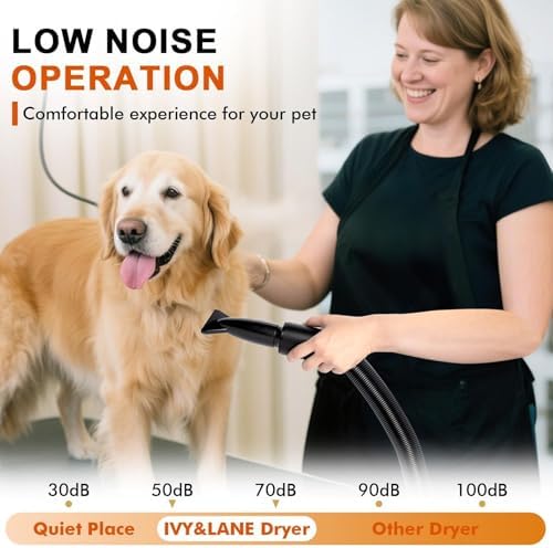 Dog Hair Dryer for Pet Grooming, High-Velocity Blow Dryer, Adjustable Speed and Temperature, Noise Reduction, 5 Nozzles for Efficient Drying