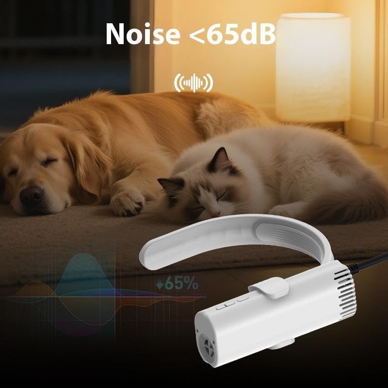 Professional Pet Hair Dryer, White, Brushless, Hands-Free Portable Design, Quiet Operation Below 65dB, with Adjustable Heat and Speed Settings, for Dogs and Cats
