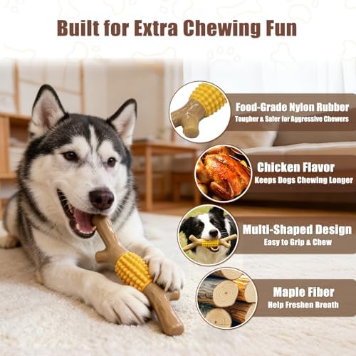SCHITEC Dog Chew Toy for Aggressive Chewers, Tough Nylon & Rubber Teething Stick Toy to Keep Them Busy, Durable Dog Chew Bone for Large Medium Breed, Chicken Flavor