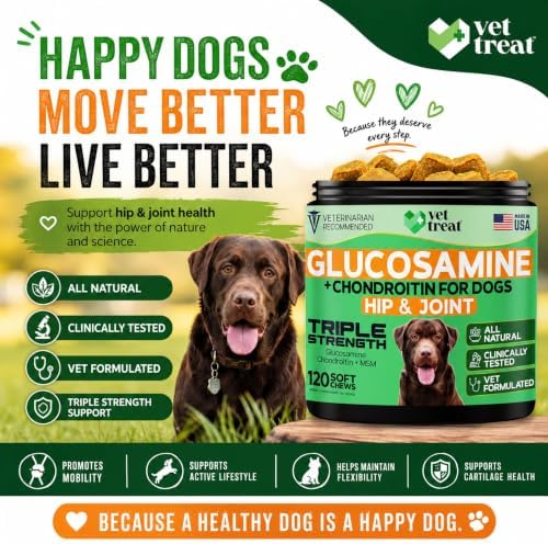 Glucosamine for Dogs – Dog Joint Supplement with Chondroitin, MSM, Turmeric & Hemp Seed Oil – Hip and Joint Supplement for Dogs, Mobility Support, Senior Dog Joint Chews – Made in USA – 120 Soft Chews