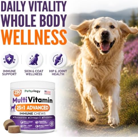 25-in-1 Dog Vitamins and Supplements - 250 Chews Dog Multivitamin Chewable | Glucosamine, Probiotics, Omega 3 for Dogs Skin & Coat, Hip & Joint, Gut, Brain & Immune Support, Senior & Puppy Multivitamin