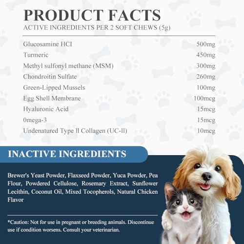Hip & Joint Chews Supplement for Dogs, Glucosamine and Chondroitin for Joints Health and Muscle Recovery, 120ct/300g
