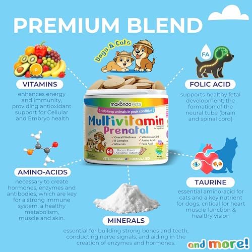 Dog Prenatal Vitamins – Multivitamin for Dogs and Cats 60 Tabs Supplement | Vitamin for Cats & Dogs, Folic Acid, Calcium, Iron, Minerals. Pregnant & Newborn Puppies, Senior Dog Support, Puppy Vitamin