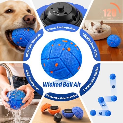 Smart Interactive Dog Toy to Keep Them Busy, Automatic Moving, E-TPU Material, 3 Interactive Modes, IPX7 Waterproof, USB Rechargeable, Active Rolling Ball for Puppy, Medium and Large Dogs (Blue)
