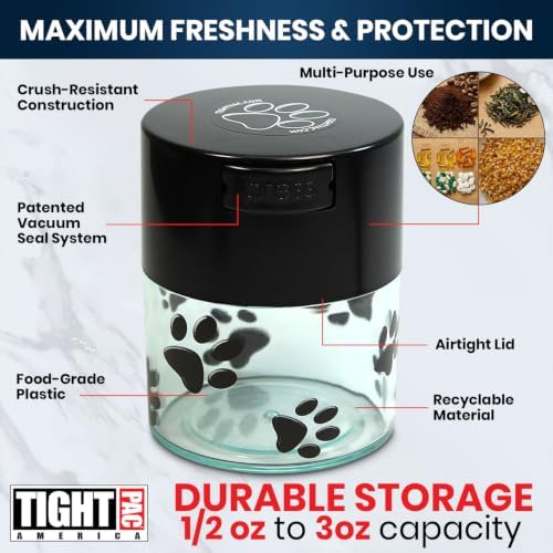 Pawvac 3 Ounce Vacuum Sealed Pet Food Storage Container; Black Cap & Clear Body/Black Paws