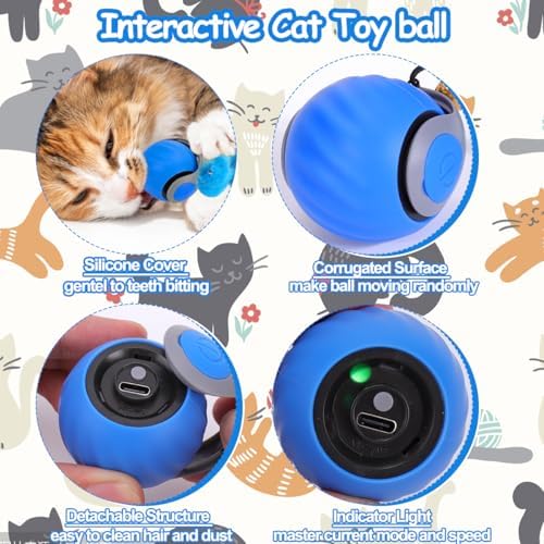 Mity rain Interactive Cat Toy Ball, Rechargeable Cat Toys for Indoor Cats | with Feather Tails for Kittens Chasing, Motion Activated Ball for Enrichment, Automatic Rolling Toys to Keep Them Busy Blue