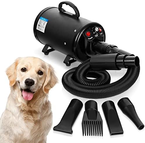 High Velocity Dog Hair Dryer, Groomer Partner Pet Hair Force Dryer, Professional Dog Grooming Blower with Heater, 3.2HP/2400W Adjustable Speed 4 Nozzles, Black