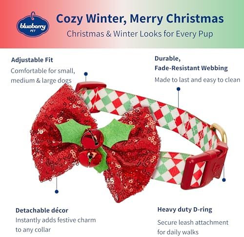 Blueberry Pet Holiday Christmas Dog Collar, Small 12"-16" Neck, Adjustable Eco-Friendly Collar with Bowtie & Glitter Décor for Small Dogs