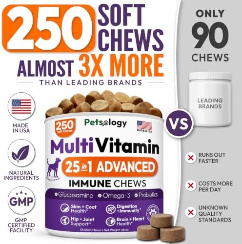 25-in-1 Dog Vitamins and Supplements - 250 Chews Dog Multivitamin Chewable | Glucosamine, Probiotics, Omega 3 for Dogs Skin & Coat, Hip & Joint, Gut, Brain & Immune Support, Senior & Puppy Multivitamin