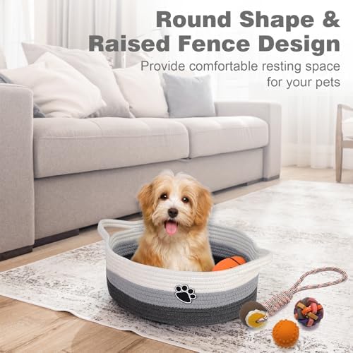 Optish Dog Toy Basket, Toy Box and Bin for Dog Cat Storage, 13.5" X 11" X 5" Small Woven Rope Basket for Baby Storage, Closet, Living Room, White & Grey