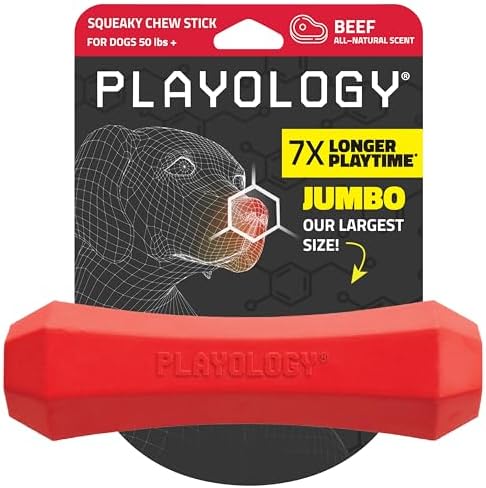 Playology Squeaky Chew Stick - Scented Dog Toy - Jumbo, Beef Scent | Rubber Construction, All Natural Scent, Durable Design