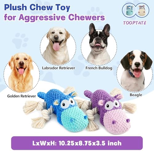 TOOPTATE 2-Pack Squeaky Hippo Dog Toys, Blue & Purple, Medium | Cute Plush Design, Rope Legs for Tugging, Helps Keep Dogs Busy, Suitable for Small, Medium, and Large Dogs