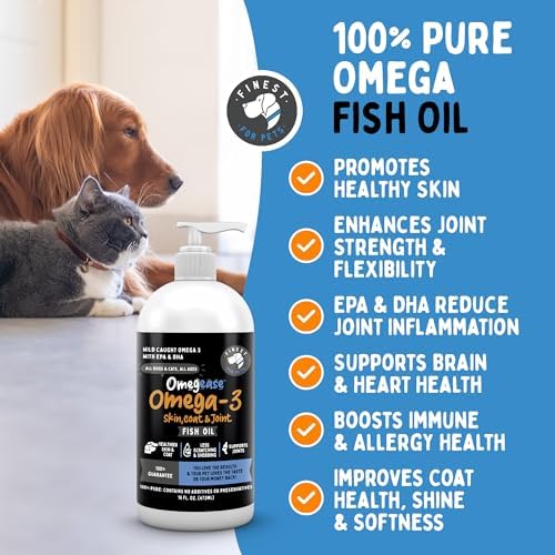 100% Pure Fish Oil for Dogs & Cats (1,545mg Omega 3 per Teaspoon) 16oz. Loaded with EPA & DHA for Joints, Skin & Coat, Itching, Heart & Immune Health. Stronger Than Salmon Oil. Unflavored Omegease.