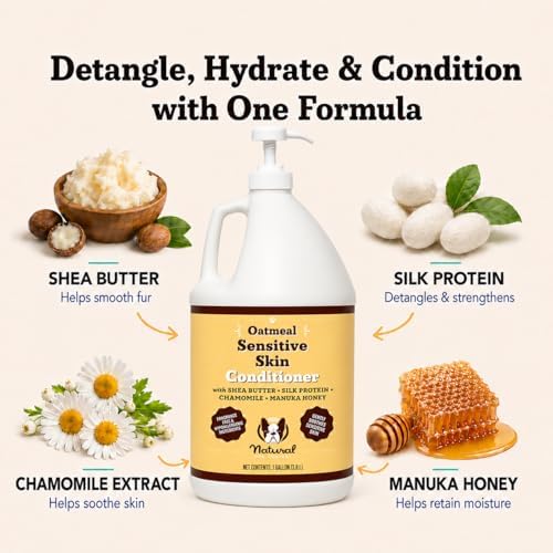 Natural Dog Company Sensitive Skin Dog Conditioner – Oatmeal Moisturizing for Sensitive & Itchy Skin, Detangling Grooming Formula for Long Haired Dogs, with Manuka Honey & Chamimile, 128 oz