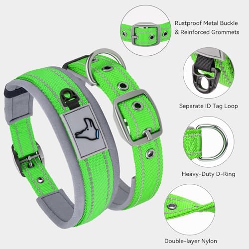 Joytale Reflective Dog Collar for Large Dogs with Wide Padding, Green