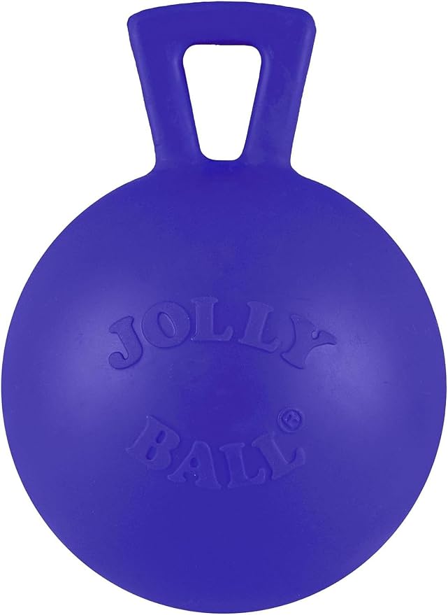 Jolly Pets Tug-n-Toss Heavy Duty Dog Toy Ball with Handle, 3 Inches/Mini, Blue, Model:403 BL | Mini 3 inch jolly ball with handle, treat-dispensing chamber for puzzle play, bounces for fetch, made in USA