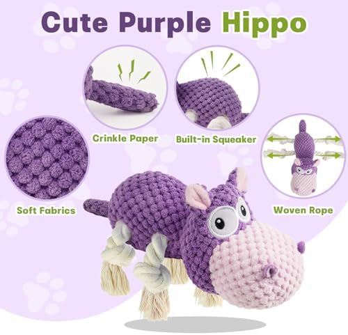 TOOPTATE Hippo Squeaky Dog Toy, Purple, Medium | Cute Plush Design, Rope Legs for Tugging, Helps Keep Dogs Busy, Suitable for Small, Medium, and Large Dogs