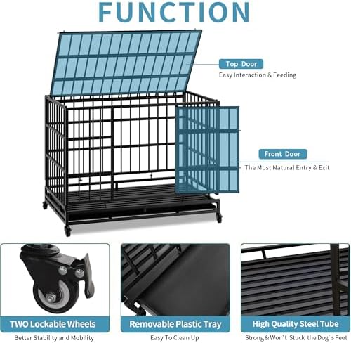 Indestructible Folding Dog Crate with Wheels, 48 Inch Heavy Duty Escape Proof Collapsible Metal Dog Kennel Cage for Large and Medium Dogs, High Anxiety Pet Crate with 2 Door and Removable Tray