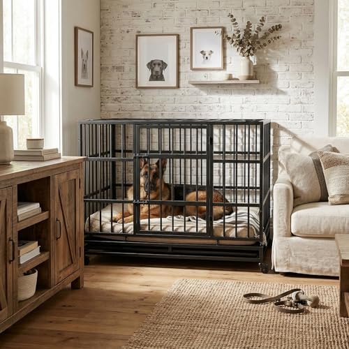 Indestructible Folding Dog Crate with Wheels, 48 Inch Heavy Duty Escape Proof Collapsible Metal Dog Kennel Cage for Large and Medium Dogs, High Anxiety Pet Crate with 2 Door and Removable Tray