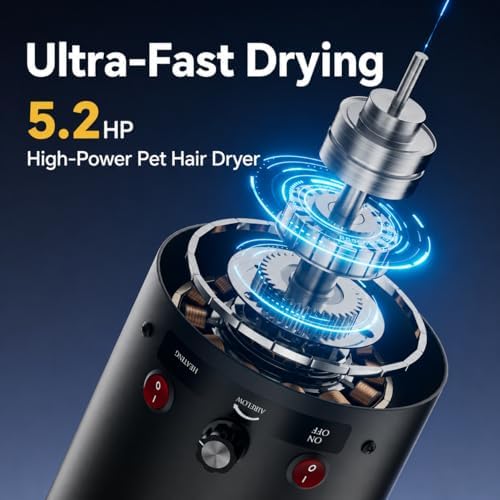 Dog Dryer High Velocity Dog Hair Dryer 5.2HP/3800W, Stepless Adjustable Speed Temperature Dogs Grooming Blow Dryer, Pet Dryer with 4 Nozzles,Blow Dryer for Dogs, Black