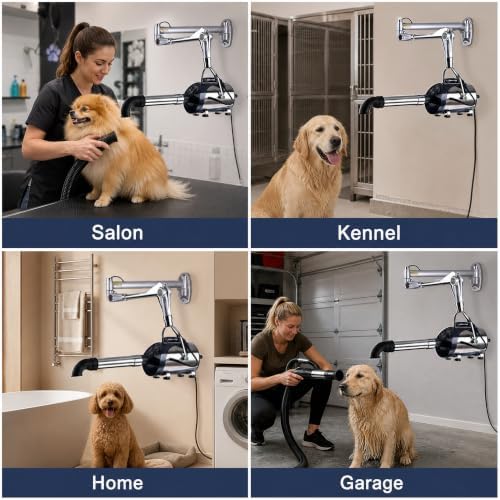High Velocity Blow Dryer for Dogs Wall-Mounted,6.0HP (WHD-2800S) | 8 Speed & Heat, Ultra Quiet, Polished Silver Stainless Steel, Wall Mount, Salon Kennel Home Use, Dual Heat Protection