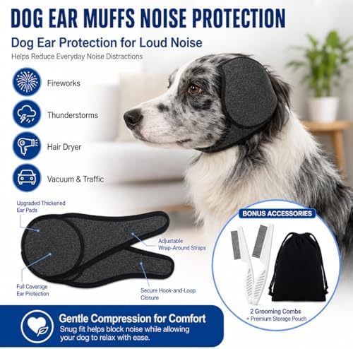 Dog Ear Muffs Noise Protection, Adjustable No-Flap Dog Ear Cover for Fireworks, Thunderstorms, Grooming, Blow Drying