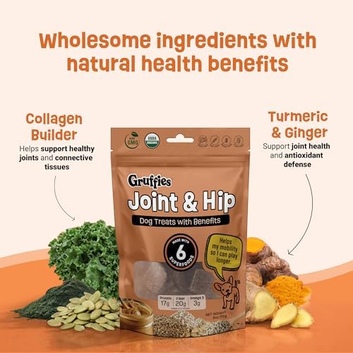 Gruffies Joint & Hip Dog Treats, Peanut Butter Soft Treats with Turmeric, Ginger & Flaxseed, USDA Organic, Non-GMO, Soy-Free, Wheat-Free, Corn-Free, Made in Canada, 6 oz (Pack of 6)