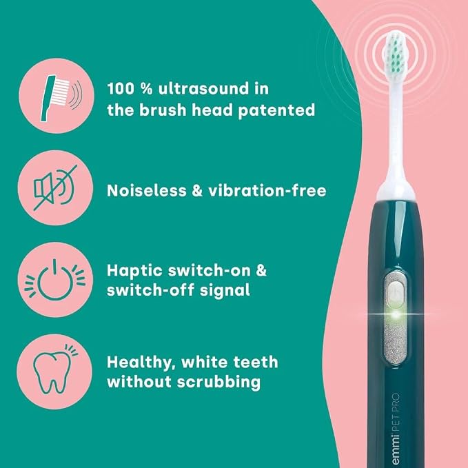Emmi-pet PRO Oral & Skin Care Electric Toothbrush Set for Pets. Patented No Noise, No Brushing, Deep Cleaning Ultrasonic Technology - for Healthier Teeth & Gums & Fresher Breath. Made in Germany.
