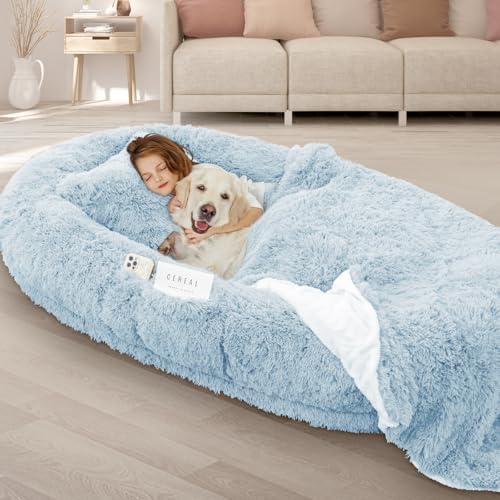 ROOMTEC Human Dog Bed, 78''x51''x12'' Size Fits Adult and Pet Washable Giant People Bed 10 CM Thick Memory Foam Large Oversize Pet Bed with Plump Pillow, Blanket, Strap - Blue