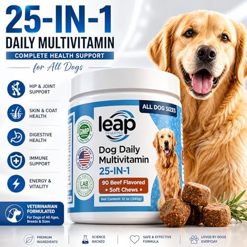 Multivitamins &Supplements for Dogs - Krill Oil, Omega 3,6,9, pre&probiotics, Essential Vitamins, for Hip & Joints, Skin &Coat,Digestive, Immunity Support (90 Chews)
