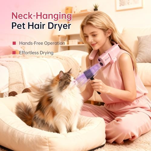 Dog Dryer for Pet Grooming,Pet Neck-Hanging Hair Dryer,Alternating Hot and Cold Airflow.Handheld & Hands-Free.Low-Noise, Ultra-Lightweight.High Wind Speeds.Adjustable Heat & Speed
